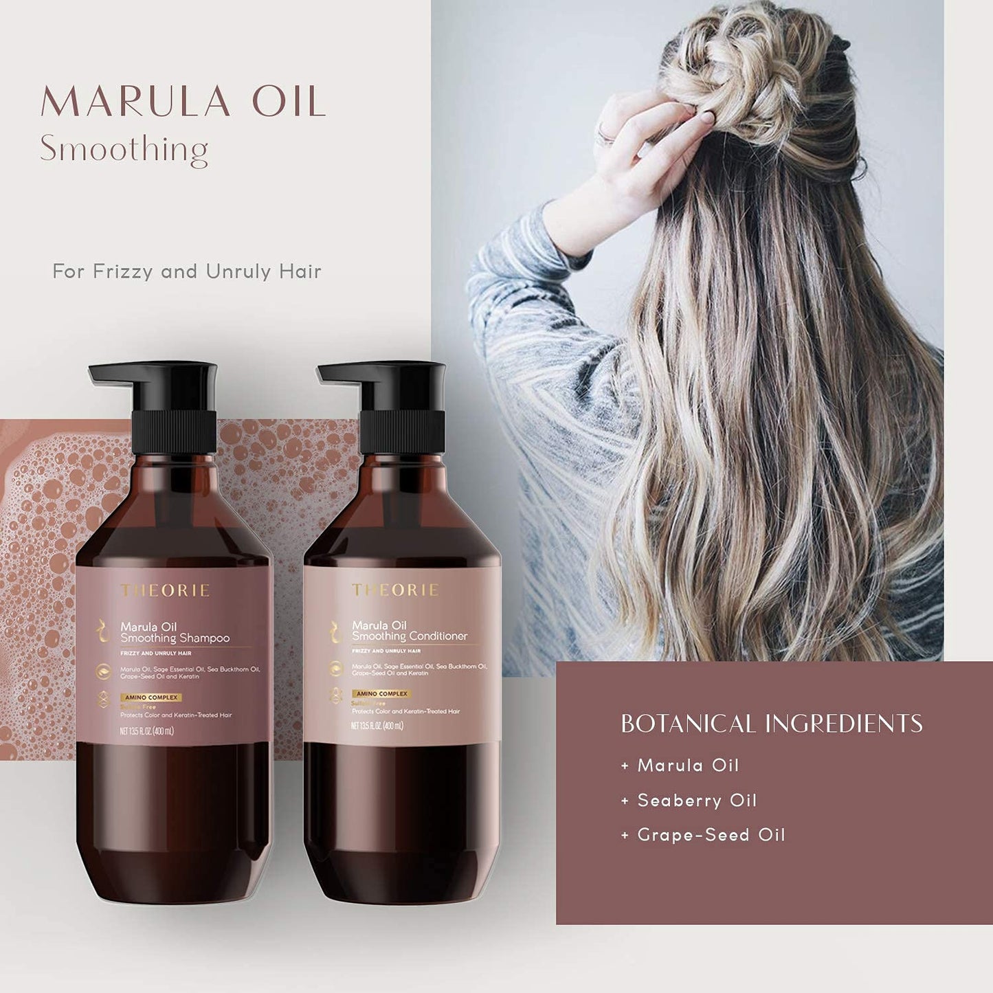 Theorie Smoothing Shampoo - Frizz Control with Marula, Sea Buckthorn & Grape Seed Oils, Sulfate-Free, Gluten-Free, All Hair Types, 800 ML