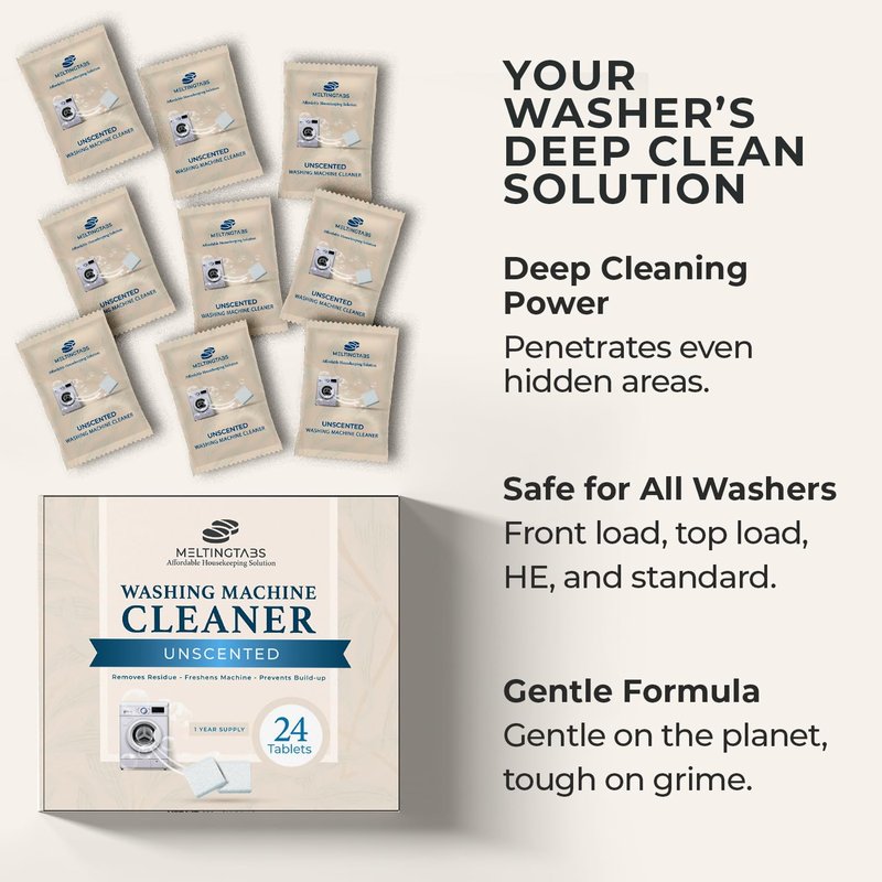 MELTINGTABS Washing Machine Cleaner Tablets, 24 Pack (12-Month Supply) — Deep-Cleaning Descaler & Deodorizer for Front Load, Top Load & HE Washers — Removes Odor, Residue & Buildup, Unscented
