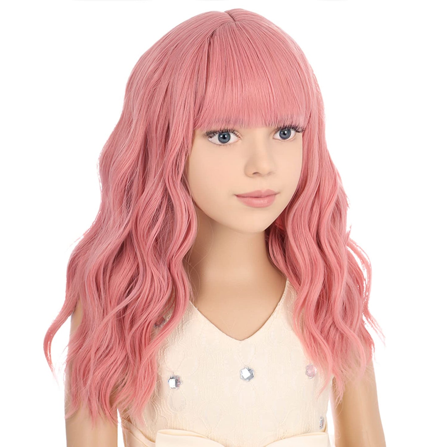 PATTNIUM Pink Wig Kids Short Wavy Wig Pink Wig with Bangs Synthetic Hair Girls Pink Wig Cosplay Costume Wig (Pink)