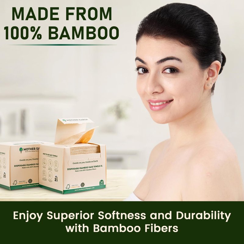 MOTHER EARTH Bamboo Face Towels XL - Hypoallergenic and Disposable Face Wipes | Dry Makeup Removers | Made from Bamboo Viscose | Extra Soft for Sensitive Skin (50 Towels)