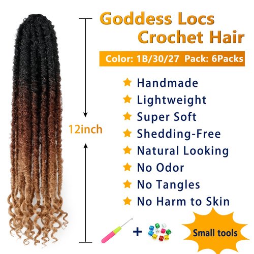 Goddess Locs Crochet Hair 6 Packs 18 Inch Straight Faux Locs Crochet Hair for Black Women, Crochet Pre-Looped Curly Hair Soft Faux Locs Synthetic Braiding Hair Extensions (18 Inch, 6 Packs, 1B/30/27)