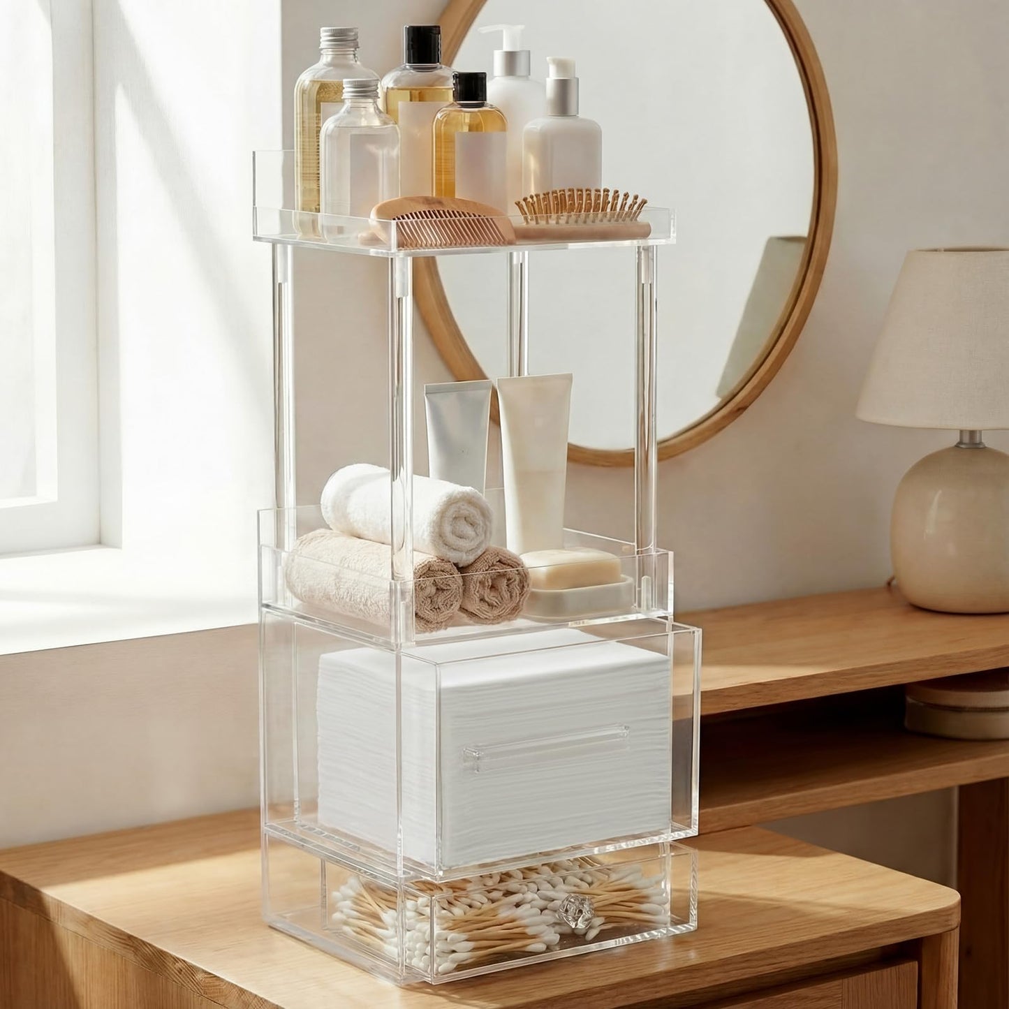 Qinyoung 4-tier Acrylic Vanity Organizer, Facial Towel Dispenser Box Compatible with XL Clean Towels (Excluding), Makeup Storage Drawer Style Countertop Organizer for Bathroom Skincare Station