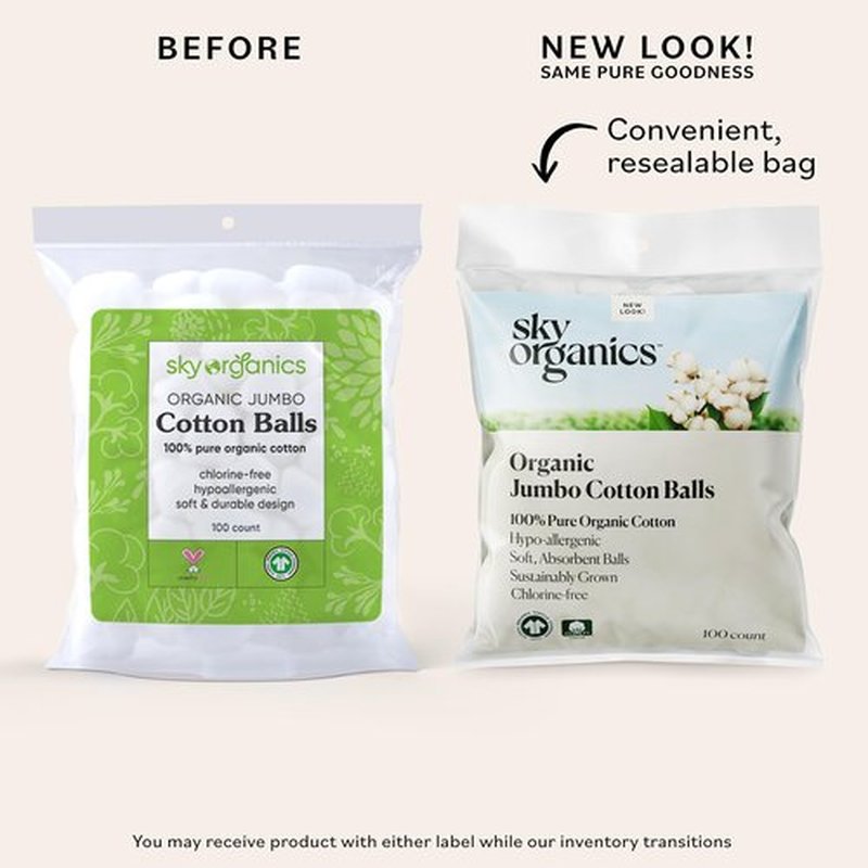 Sky Organics Organic Jumbo Cotton Balls for Sensitive Skin, 100% Pure Organic Cotton Sustainably Grown, Chlorine Free, Hypoallergenic, Ultra-Soft and Absorbent for Beauty & Personal Care, 100 ct