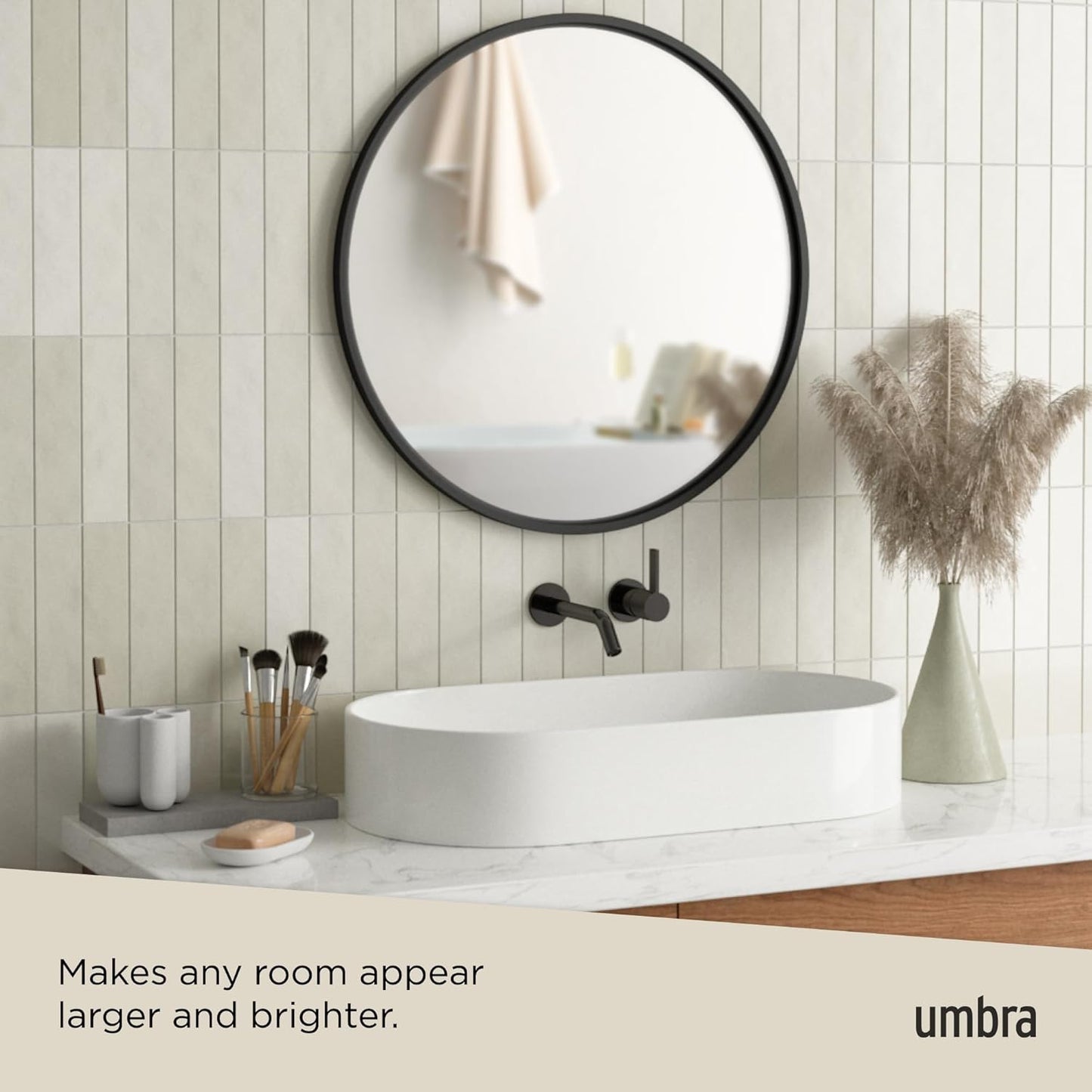 Umbra Hub Round Wall Mirror with Rubber Frame, Modern Style for Bathroom, Entryway, Living Room and More, 24-Inch, Black