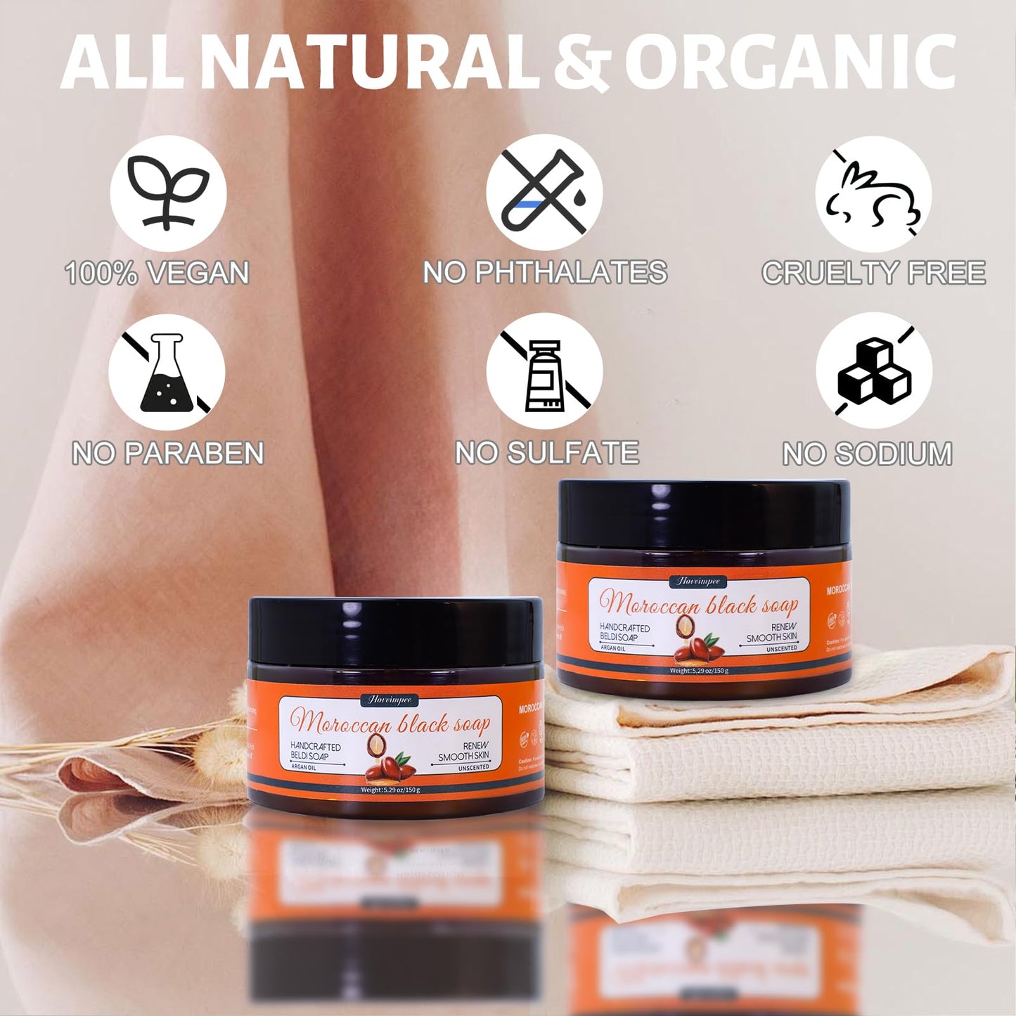 Hoveimpee 2 Pack Organic Moroccan Black Soap Soften Skin, Moisturizing Beldi Soap with Argan Oil and Vitamin C Even Tone, Moroccan Hammam Kit, Fragrance Free, 5.29 oz/150 g