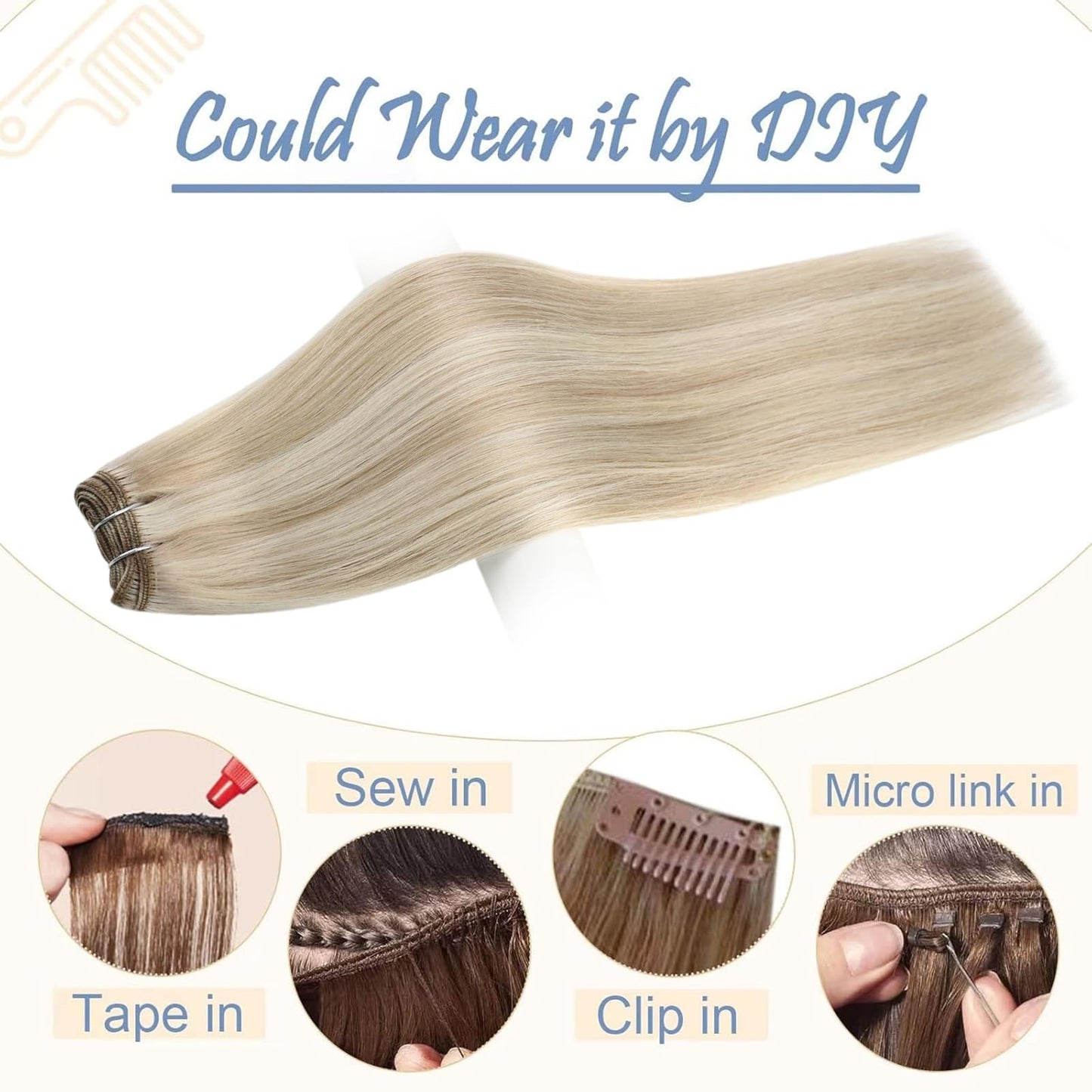 Easyouth Weft Hair Extensions Human Hair Sew in Hair Extensions Remy Hair Weft Ash Blonde Highlight Bleach Blonde Sew in Weft Hair Extensions Bundles 12 Inch 70 Gram