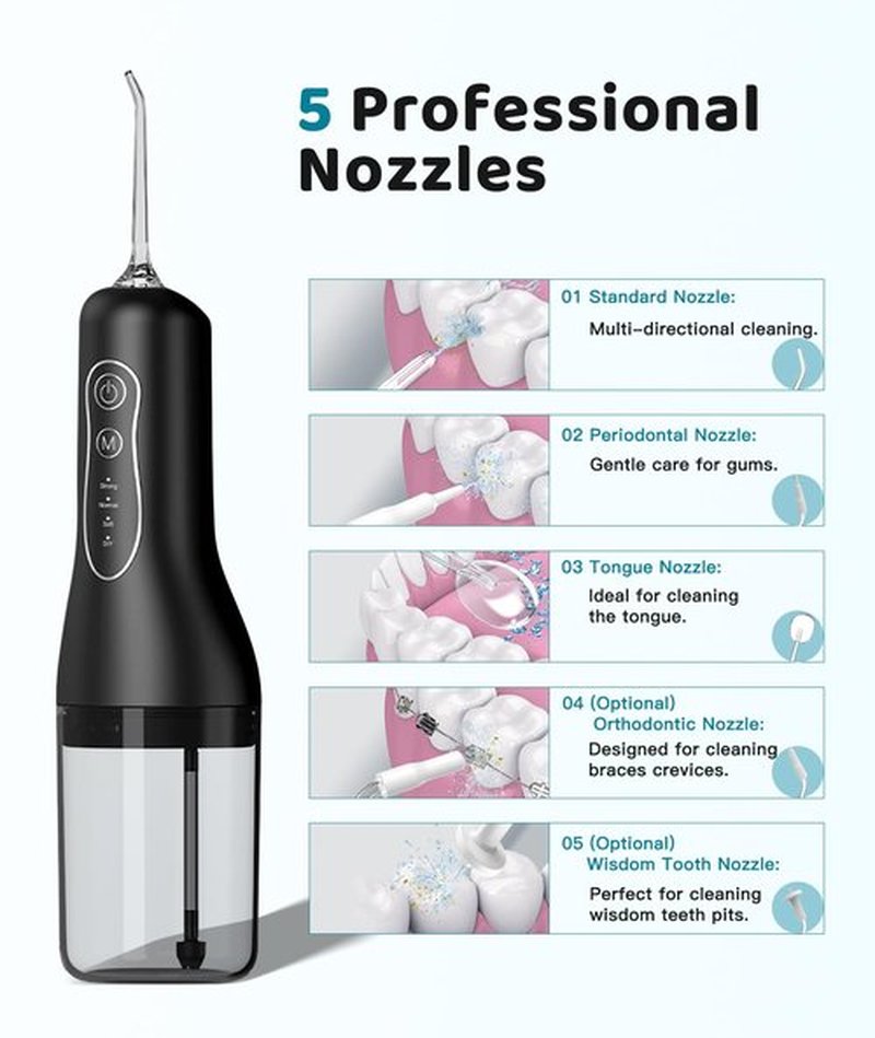 Portable Water Flosser for Teeth Cleaning, 5 Jet Tips, 4 Cleaning Modes, 1500mAh Rechargeable Battery, 260ml Water Tank, IPX7 Waterproof for Braces, Sensitive Teeth & Travel (Black)