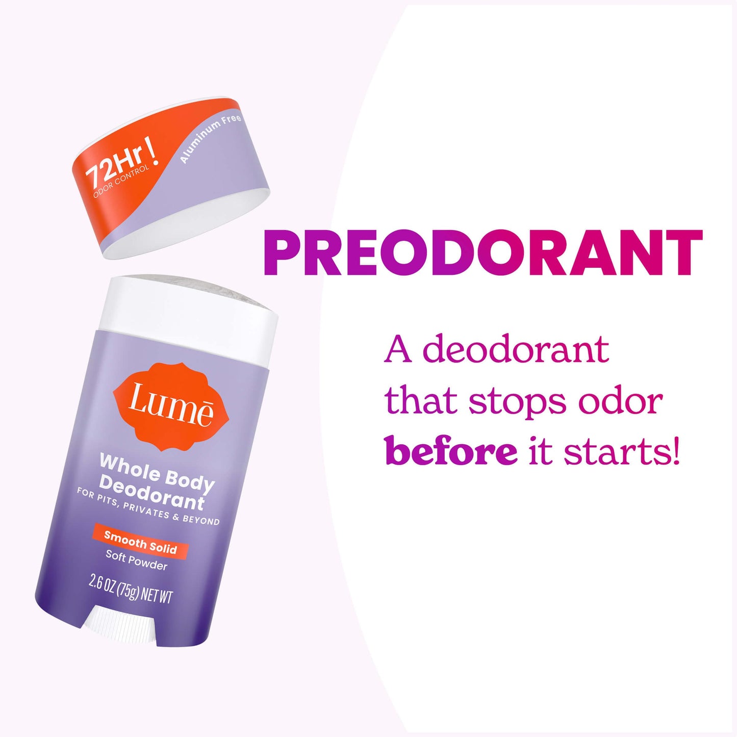Lume Whole Body Deodorant - Invisible Cream Tube Mini and Solid Stick - 72 Hour Odor Control - Aluminum Free, Baking Soda Free, Skin Safe - 0.5 Oz Mini Tube + 2.6 Oz Solid Stick (Soft Powder)