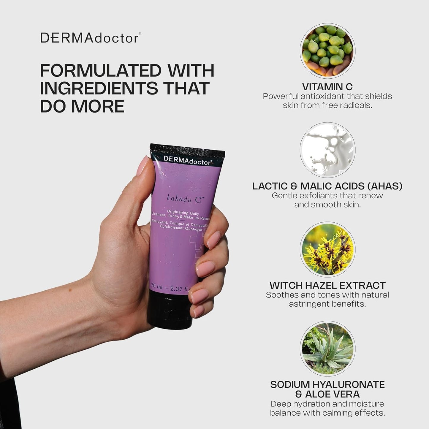 DERMAdoctor Vitamin C Facial Cleanser, Daily Face Wash, Toner, Makeup Remover | High-Potency Vitamin C from Kakadu Plum, Facial cleanser, Face Scrub, Cleanse Pores, Removes oil, Sunscreen, Pollutants