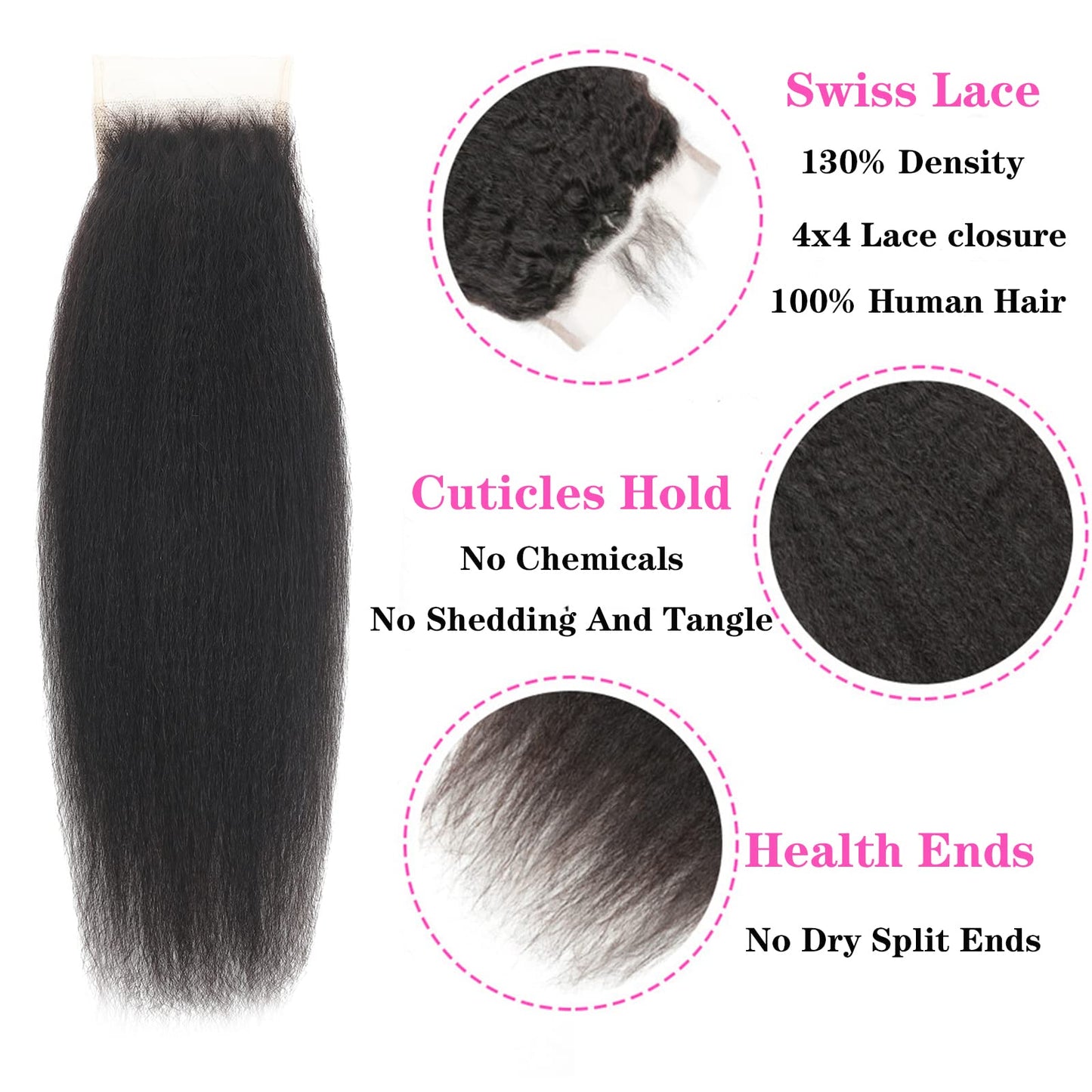 Vligcor Kinky Straight Human Hair Bundles With 4x4 Lace Closure Free Part 14 14 14+12 Inch Natural Black 100% Unprocessed Brazilian Virgin Yaki Straight Hair Extensions (14 14 14+12Closure)