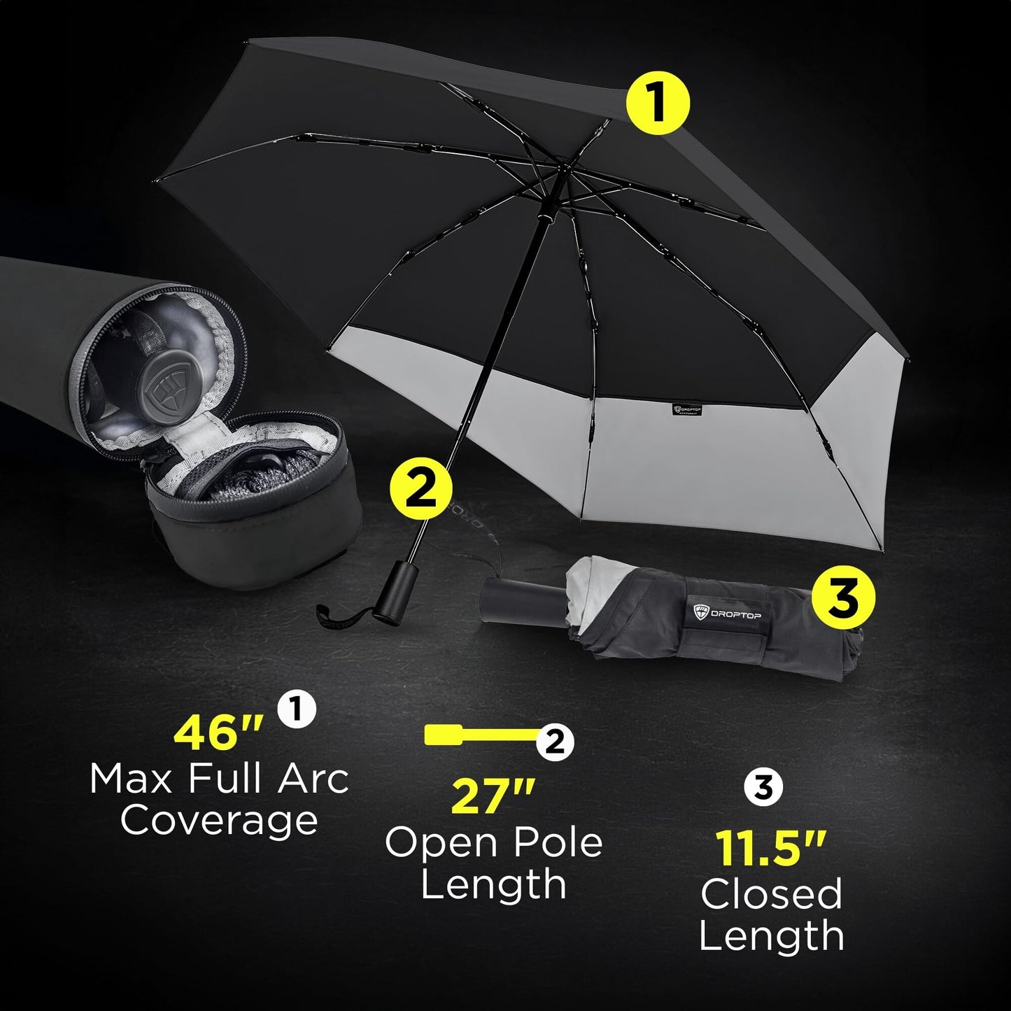 DROPTOP Umbrella Travel Size - Windproof Folding with Case and Strap, Black