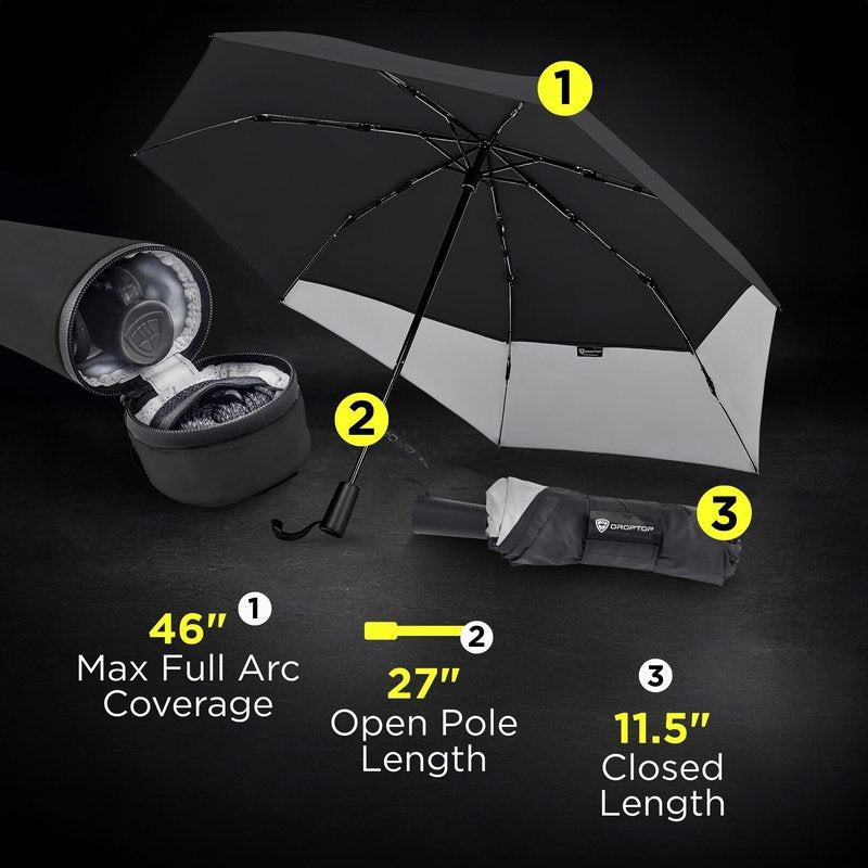DROPTOP Umbrella Travel Size - Windproof Folding with Case and Strap, Black