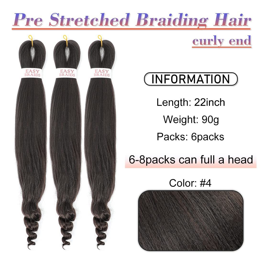 6 Pack Braiding Hair Pre Stretched French Curly Braiding Hair Crochet Braids Easy Braid Crochet Hair Goddess Curl Braid Soft Yaki Straight Hair For Braiding (22inch(pack of 6), #4)