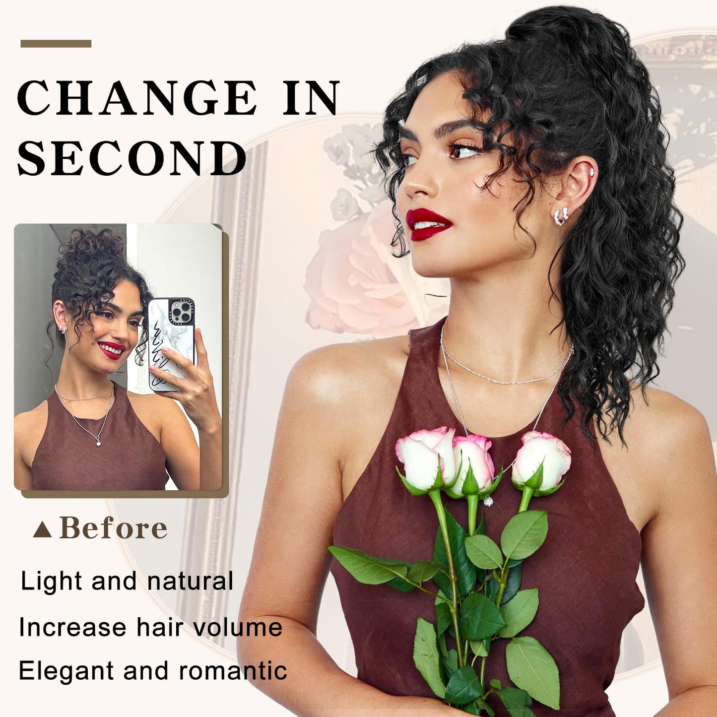 SHNMIN Ponytail Extension, Curly Drawstring Ponytail Extension for Women 18 Inch Curly Wavy Ponytail Yaki Textured Natural Fluffy Synthetic Hairpiece for Daily Use