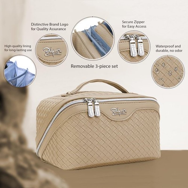 BOYATU Makeup Bag Travel Cosmetic Case: Large Capacity Woven Cosmetic Bag Organizer - Portable Toiletry Bags with Handle for Women 1-Z-Apricot