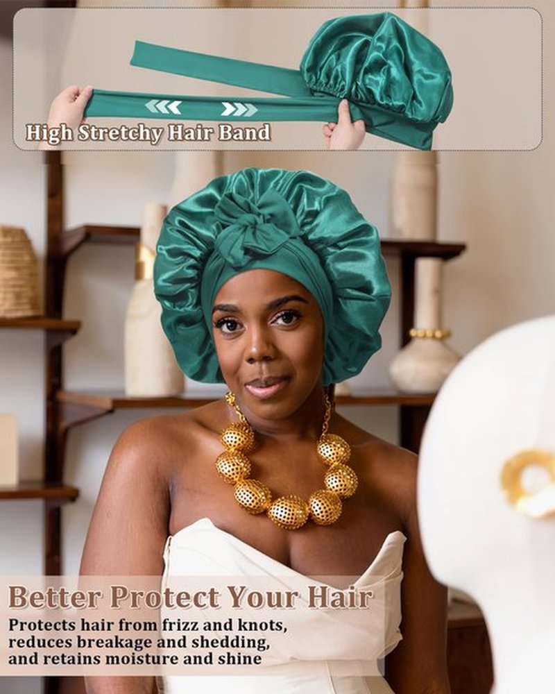 Reversible Satin Bonnet for Sleeping Women Silk Bonnet Double Layer Hair Bonnet with 2PCS Hair Scrunchies Elastic Tie Band Night Cap Hair Wrap for Natural Curly Hair (Dark Green+Black)