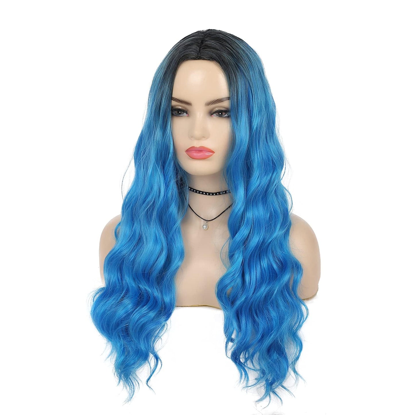 Kaneles Blue Wigs for Women Ombre Long Blue Fluffy Curly Wavy Colorful Wigs for Daily Party Cosplay