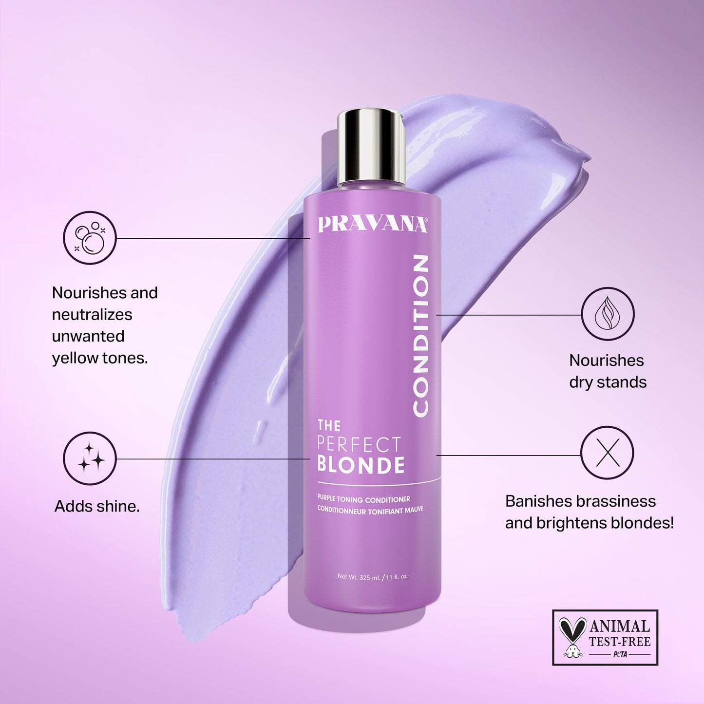 PRAVANA The Perfect Blonde Purple Toning Conditioner | Neutralizes Brassy, Yellow Tones | For Color-Treated Hair | Adds Strength, Shine, Elasticity | 33.8 Fl Oz