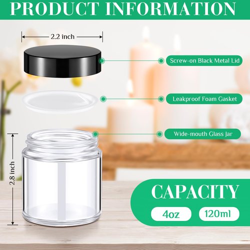 Norme 24 Pcs 4 oz Glass Jars with Lids Leakproof Round Airtight Jars Empty Cosmetic Jars with Inner Liners Lid for Storing Lotions Powder Ointments Candle Making (Black,Clear)