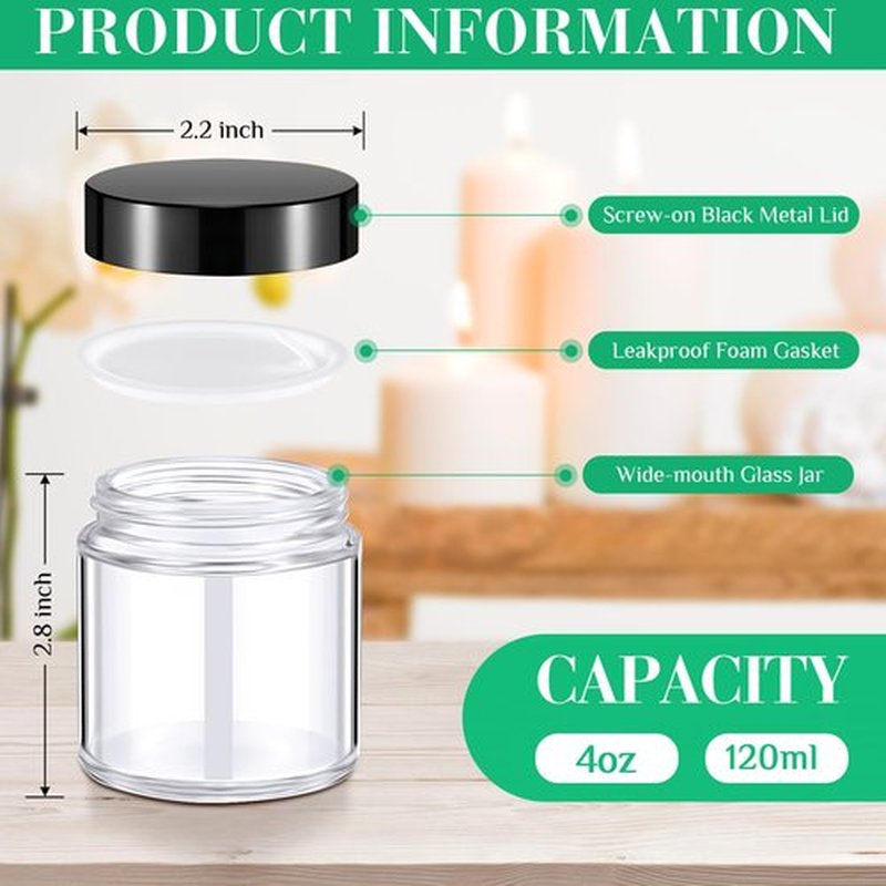 Norme 24 Pcs 4 oz Glass Jars with Lids Leakproof Round Airtight Jars Empty Cosmetic Jars with Inner Liners Lid for Storing Lotions Powder Ointments Candle Making (Black,Clear)