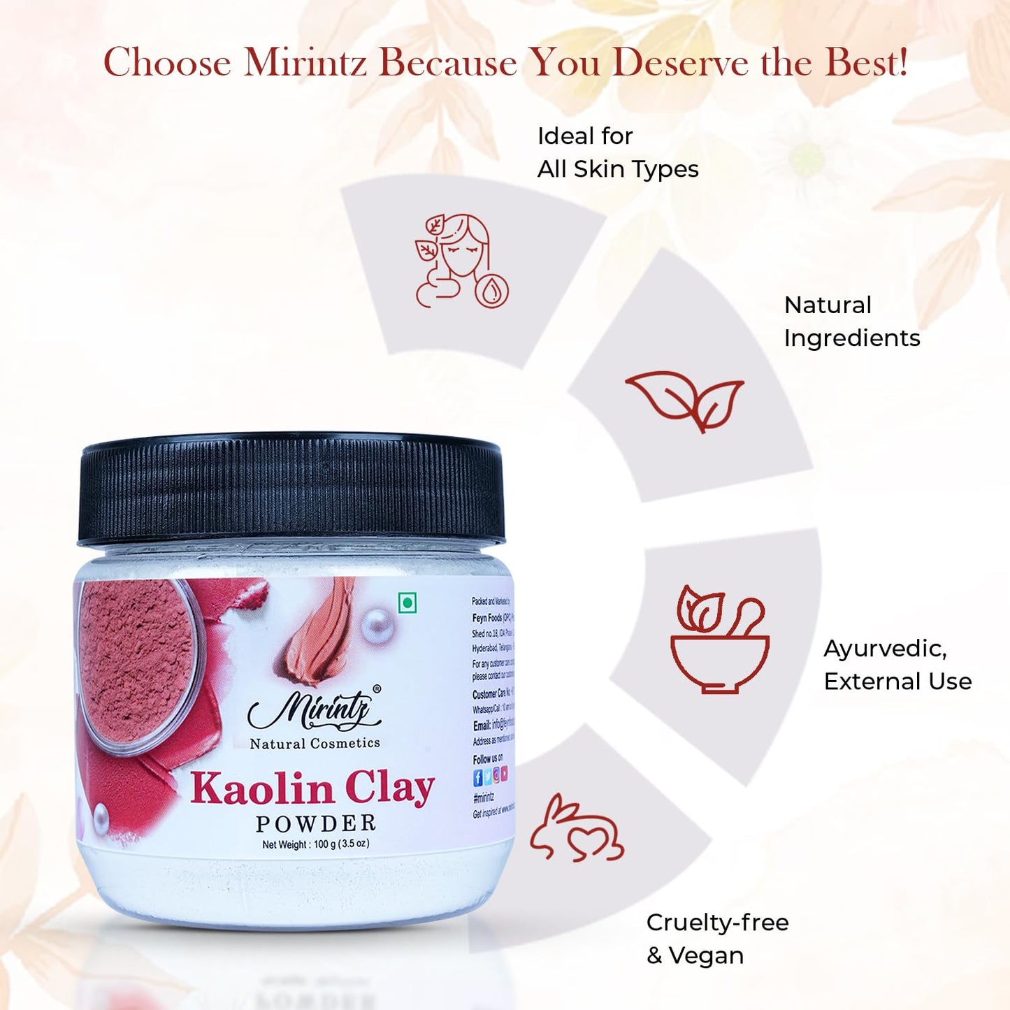 Mirintz 100% Kaolin Clay Powder | (100 gms) Clay Mask for Face | Hydrating & Exfoliating Face Mask | Perfect for Natural DIY Skin Cleansers, Masks & Scrubs | Kaolin Clay Face Masks Skincare