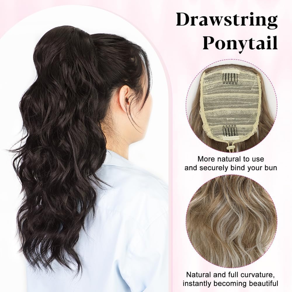 ALXNAN Ponytail Extension,Drawstring Ponytail Hair Extensions Brown with Blonde Highlights Long Wave Ponytail for Women
