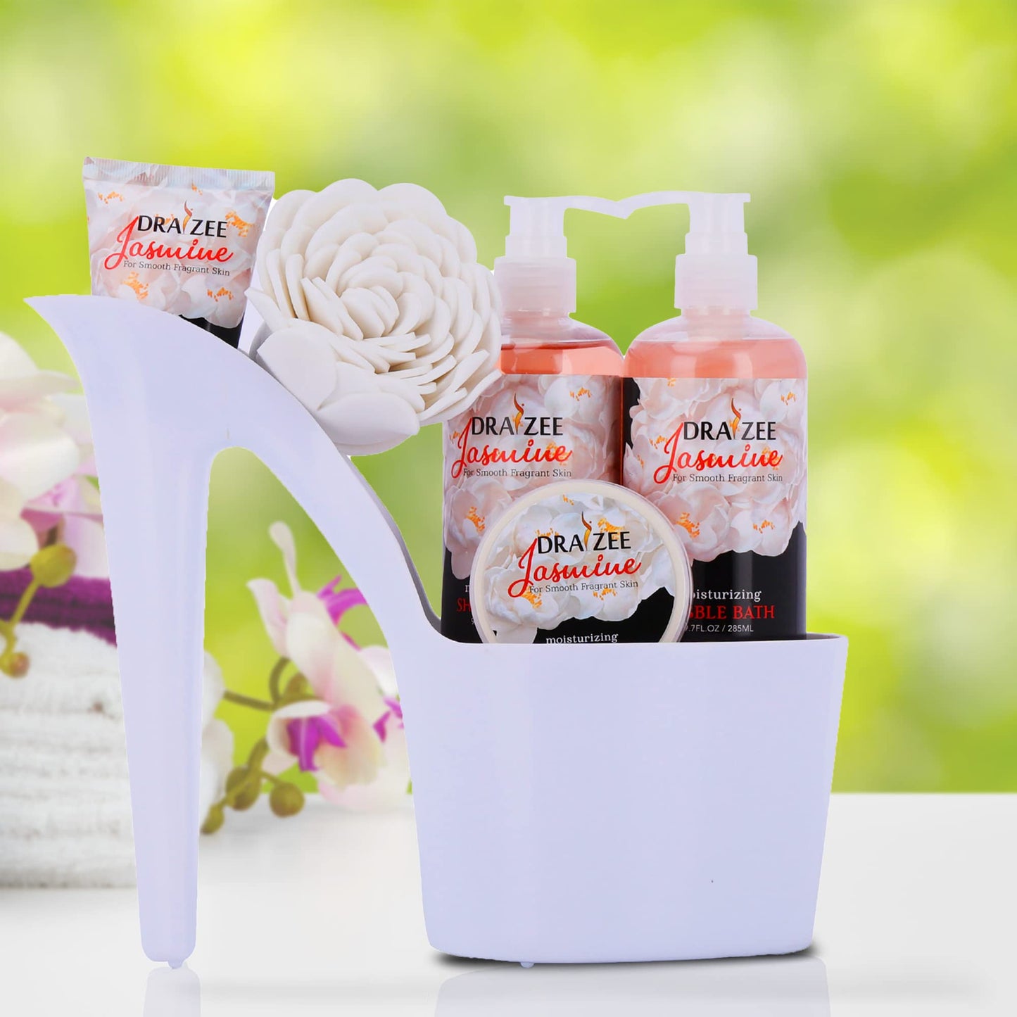 Valentine's Day Gifts for Her - Jasmine Scented Bath and Body Set of 6-Piece Heel Shoe Spa Basket, with Body Lotion, Butter, Shower Gel, Bubble Bath, Puff- Gift for Women, Wife, Mom, Friend by Draizee