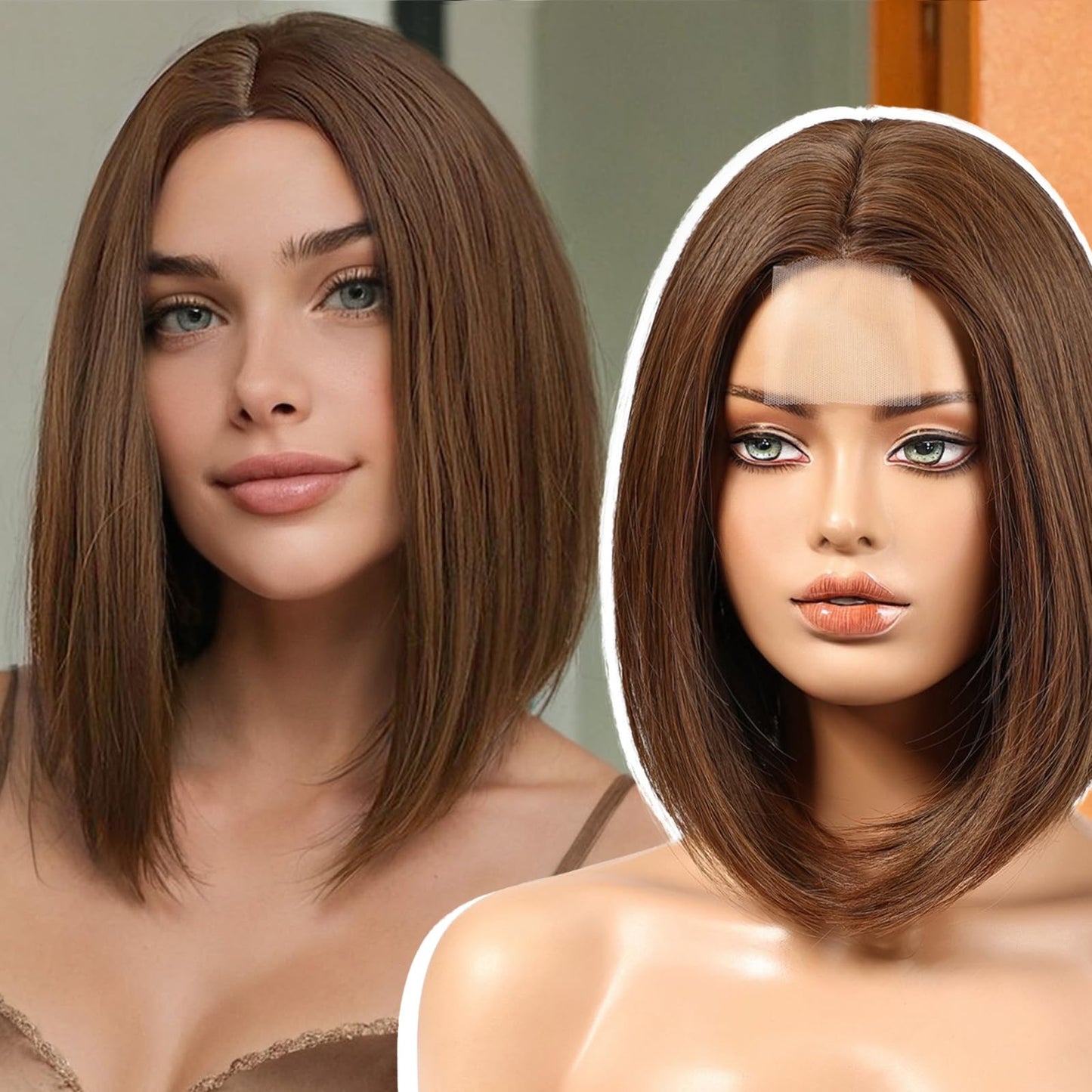 EMMOR Short Bob Wigs,Natural Shoulder Length Central Lace Bob Wgs, Premium Heat-Resistant Synthetic Straight Wigs for Women Daily Use(Brown with Light Brown Highlight)