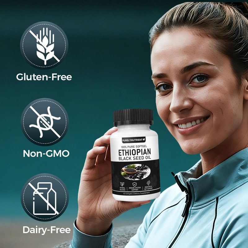 TUVAAZ PURELYNUTRIENT Ethiopian Black Seed Oil Capsules with 4.64% Thymoquinone, Immune Support & Digestion & Energy Booster, Non-GMO, Gluten-Free, 60 Count Softgels