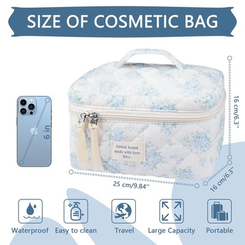 Large Travel Quilted Makeup Bag for Women,Big Floral Cotton Cosmetic Bag, Cute Coquette Aesthetic Floral Toiletry Organizer Bag (Blue Rose)