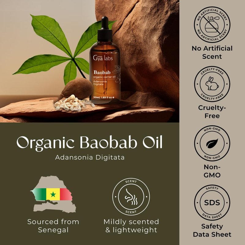 Gya Labs Baobab Oil - 1.7 Fl Oz - Carrier Oil for Hair, Skin, Face, Scalp & Body Massage