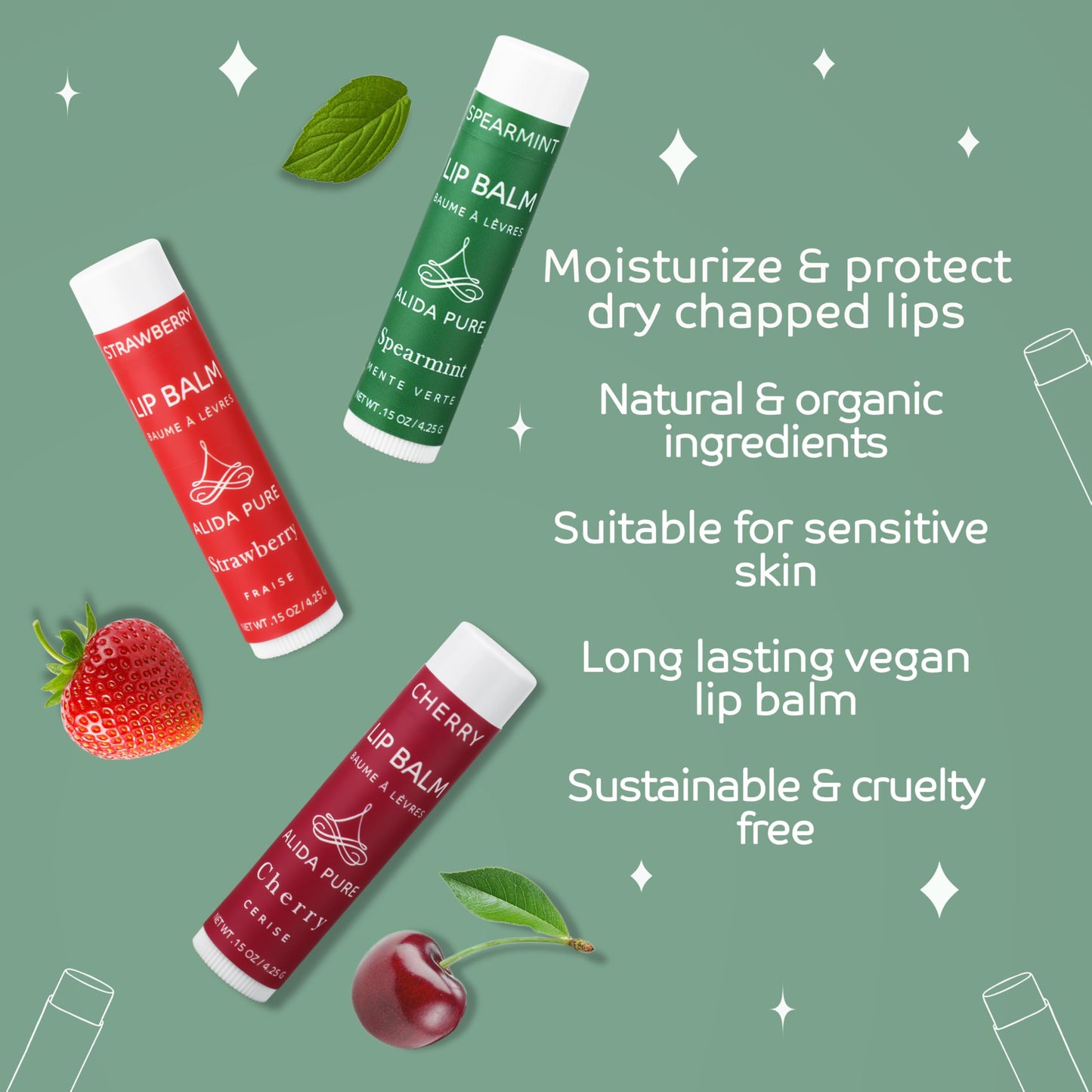ALIDA PURE Berry Mint Lip Balm Collection, Vegan Lip Balm Set, Bees Wax Free, Coconut Oil Free, Avocado Oil, Organic Jojoba Oil, Vitamin E, Natural Moisturizer For Dry Cracked Lips, 3 Tube Set