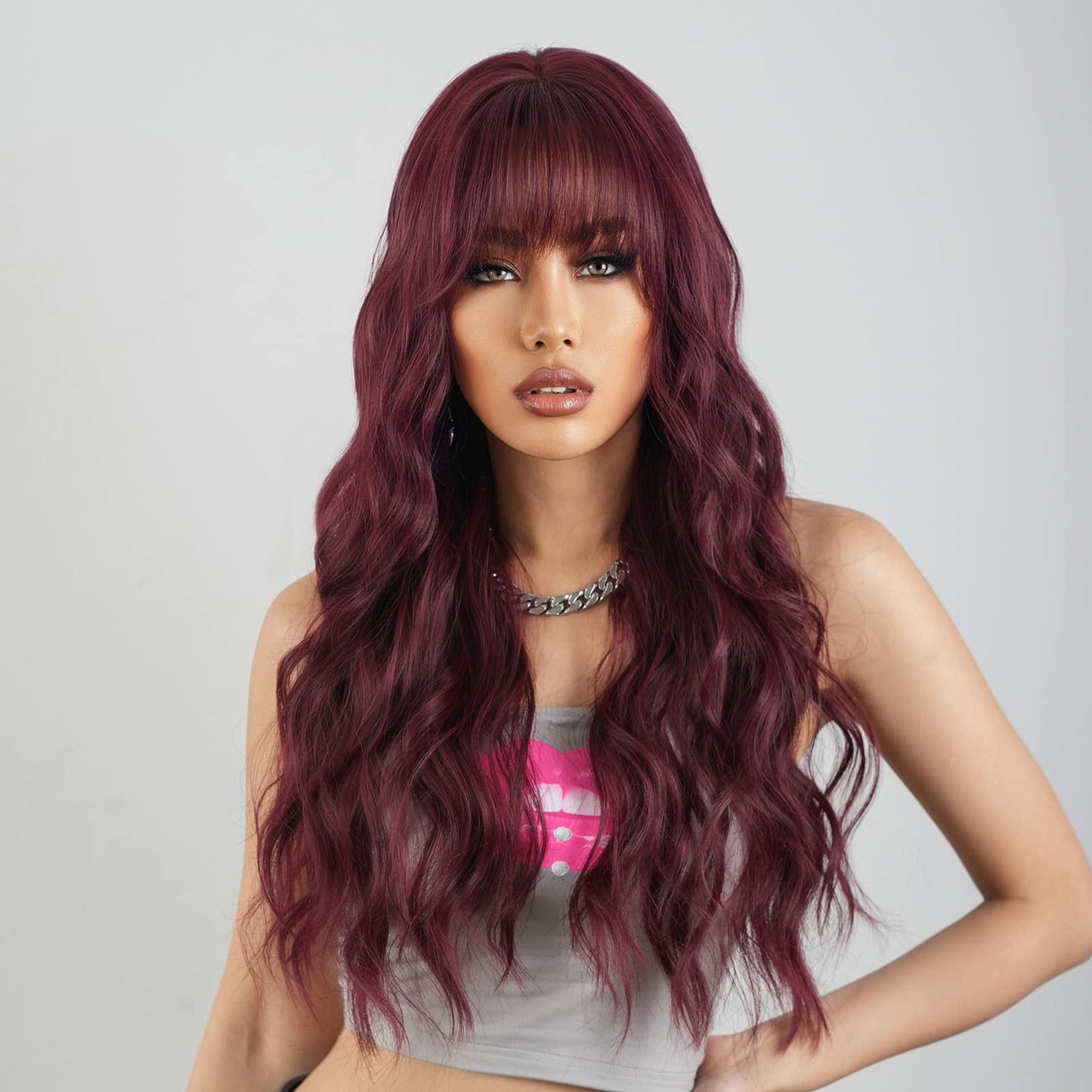 ISHINE Burgundy Red Wigs for Women Wig with Bangs, Long Wavy Wigs Natural Looking Synthetic Hair Replacement Wigs for Daily Cosplay Party Halloween Costume 24 inch