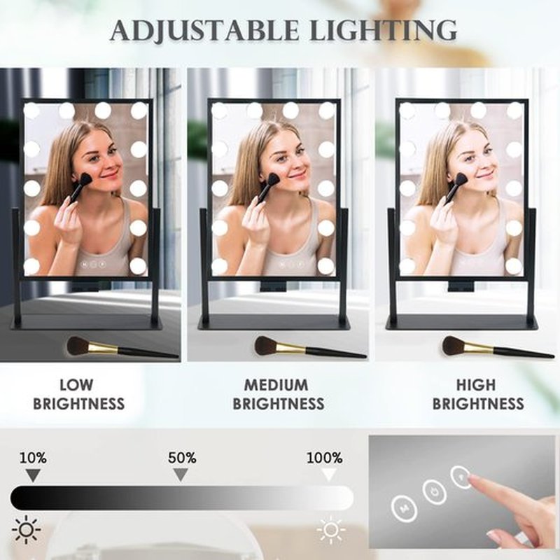 BWLLNI Vanity Mirror with Lights, Lighted Makeup Mirror, Hollywood Mirror with Phone Holder, 12 Dimmable LED Bulbs, 3 Color Lighting Modes, Detachable 10X Magnification, 360°Rotation(Black)