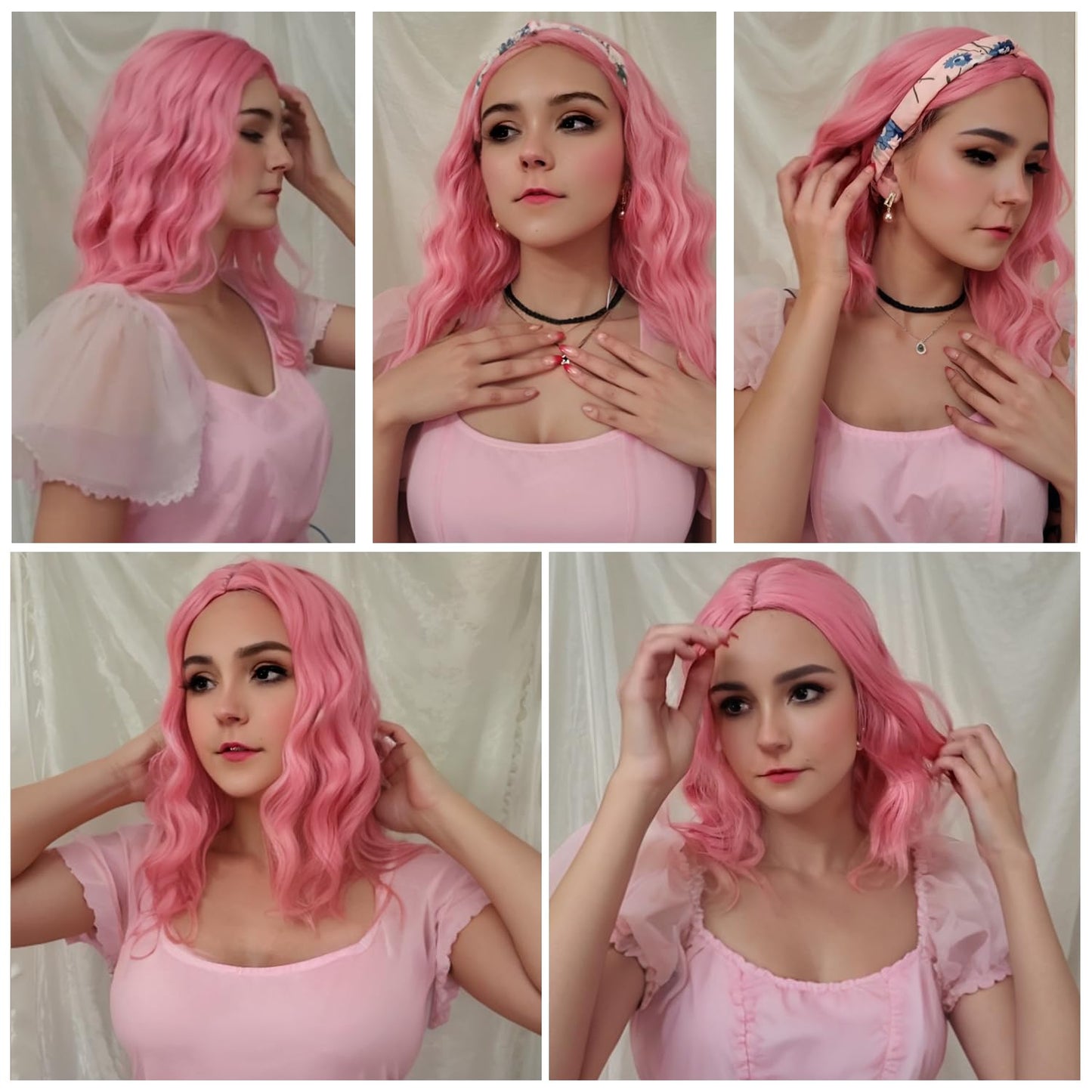 BEAUTIFA Pink Wig for Women Wavy Curly Light Pink Bob Wigs Middle Part 14 Inch Shoulder Length Heat Resistant Synthetic Colorful Wig