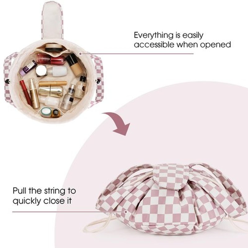 Barrel Drawstring Checkered Makeup Bag Large Cosmetic Bag Make up Bags Toiletry Organizer for Women (Dusty Rose Checkerboard) (Patent)