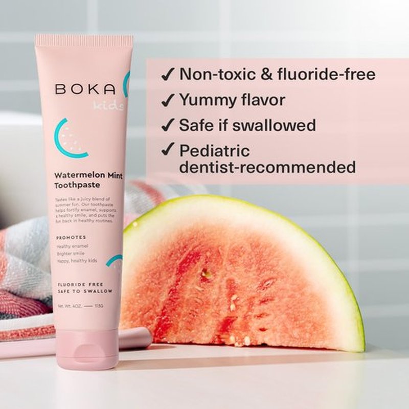 Boka Fluoride Free Toothpaste- Nano Hydroxyapatite, Remineralizing, Sensitive Teeth, Whitening- Dentist Recommended for Adult, Kids Oral Care- Watermelon Mint Flavor, 4oz 1Pk - US Manufactured