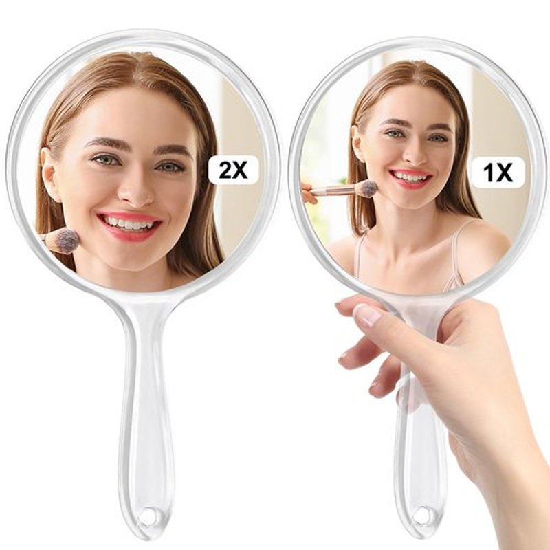 D Handheld Mirror with Handle - 5.4" W x 10.4" L Hand Mirror Large Doule Sided Magnifying Mirror 1X 2X Handle Makeup Mirror Acrylic Handheld Mirror Rounded Shape Transparent