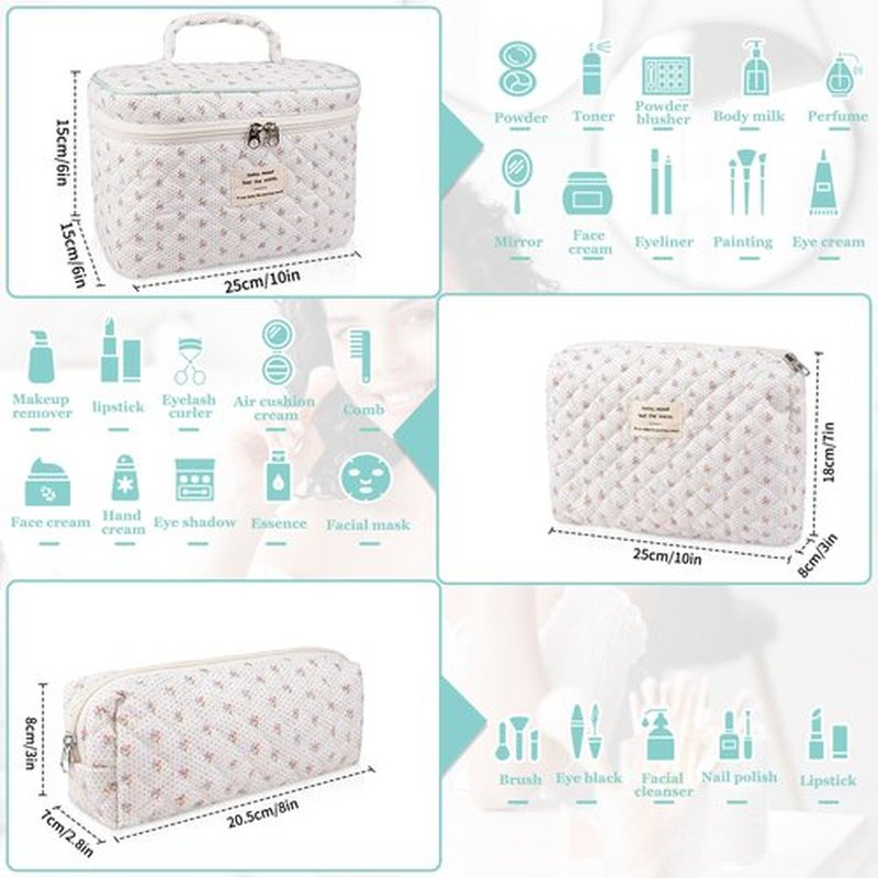 Makeup Bag Set, Quilted Makeup Bag, Large Floral Cosmetic Bag for Women, Cute Cotton Makeup Bag, Flower Travel Toiletry Organizer Bag (Flower)