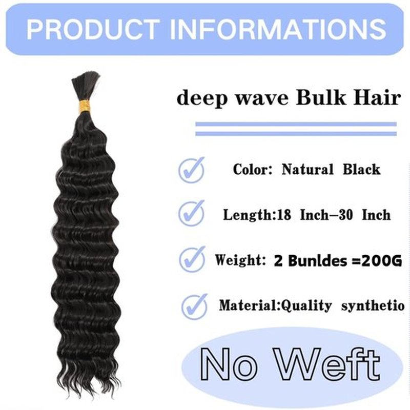 Deep Wave Bulk hair 30Inch 1Pack No Weft Deep Wave Bulk Hair for Braiding Wet and Wave Quality Synthetic Braiding Hair Extensions for Boho Braids Micro Braiding 30inch 100g Natural Color