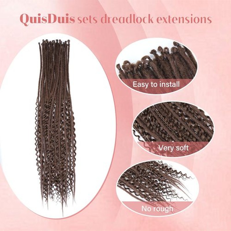 Quiduis 30 Inch 30 Strands SE Dreadlock Extensions,3 In 1 Mixed Synthetic Dreads Extensions,Chocolate Brown Curly&Straight&Boho Single Ended Dreads Extensions Hippie Style Dreadlock for Women