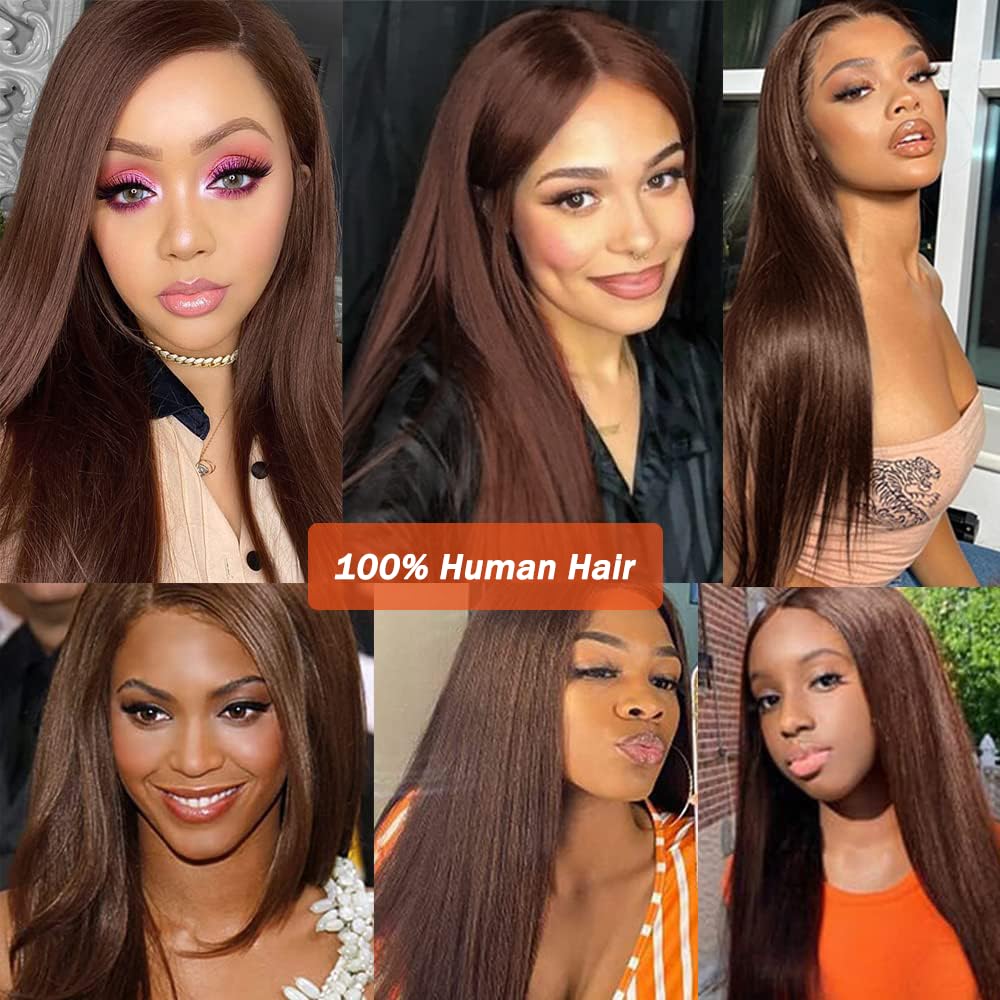 Chocolate Brown 4# Closure 4x4 Free Part Straight Wave Closure Brazilian Human Hair Extensions Preplucked Bleached Knots Sew In Weave Closure For Women Wet And Wavy 8 Inch