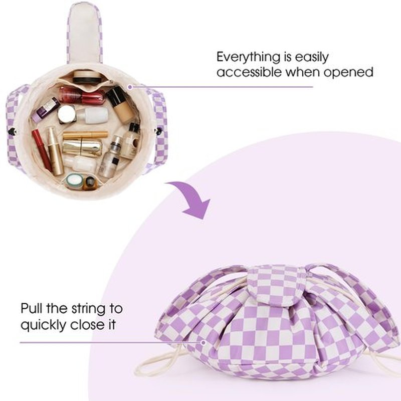 Barrel Drawstring Checkered Makeup Bag Large Cosmetic Bag Make up Bags Toiletry Organizer for Women (Purple Checkerboard) (Patent)