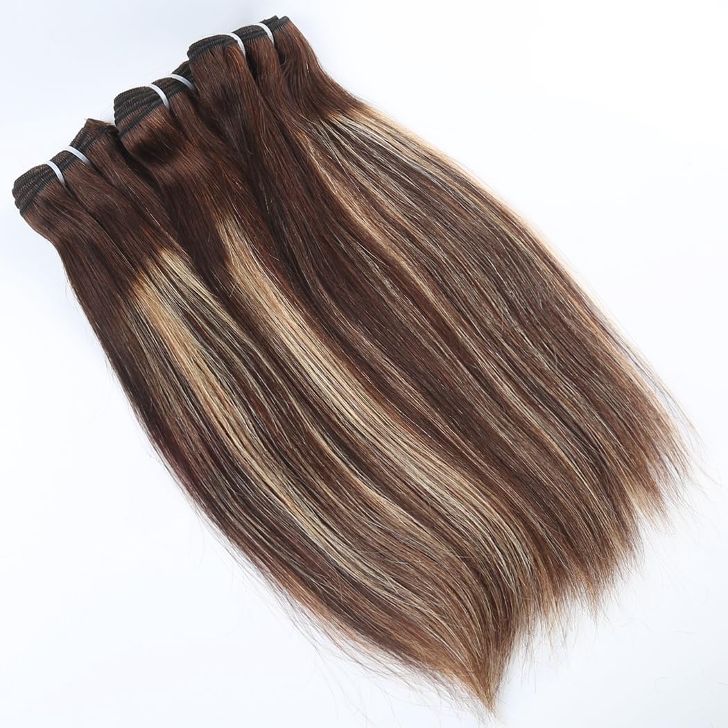 4/27 Highlight Straight Bundles with 13x4 Lace Frontal Brazilian Human Hair 3 Bundles with Frontal Ombre Blonde Colored 180% Density 12 14 16+10 Unprocessed Straight Virgin Hair Closure with Bundles