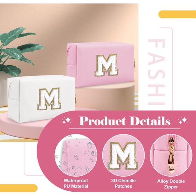Personalized Initial A-Z Preppy Patch Makeup Bag,Small PU Chenille Letter Cosmetic Bag with Zipper for Teen Girls,Pink Cute Toiletry Organizer Bag,Monogram Makeup Case Gift for Women Girls,Letter M
