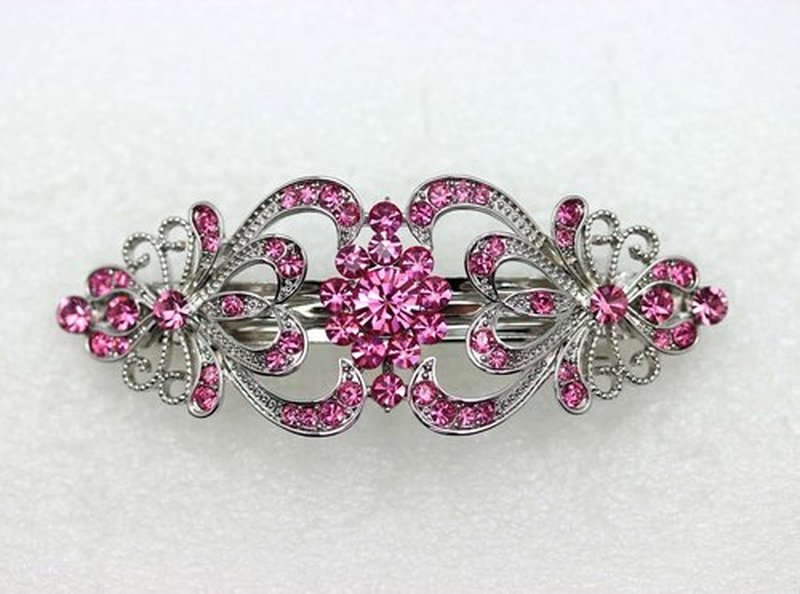 Faship Gorgeous Pink Crystal Hearts And Floral Hair Barrette