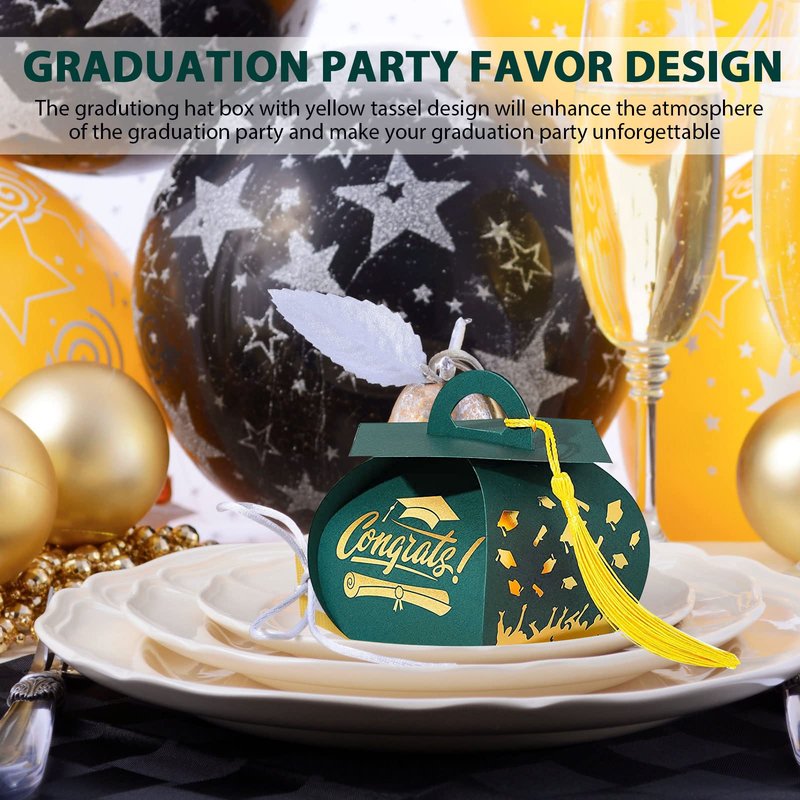 Spakon 30 Pcs Graduation Cap Gift Box Graduation Party Favors Candy Boxes Treat Box with Tassel Table Centerpieces Class of 2026 Grad Decorations(Green, Gold)