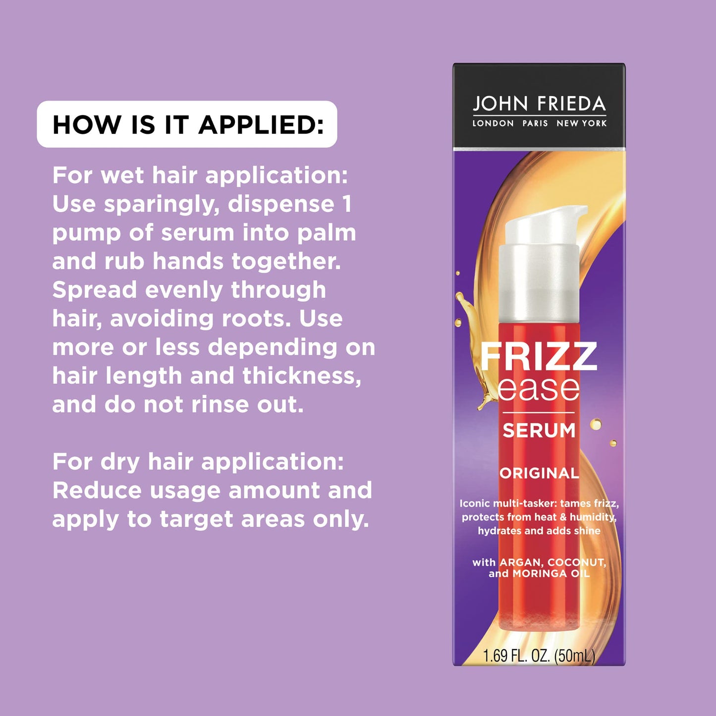 John Frieda Frizz Ease Original Hair Serum, Protecting Against Frizz, Heat, and Humidity While Adding Shine, Hydratesand Smooths Hair with Argan, Coconut, and Moringa Oil, 1.69 Oz, Pack of 2