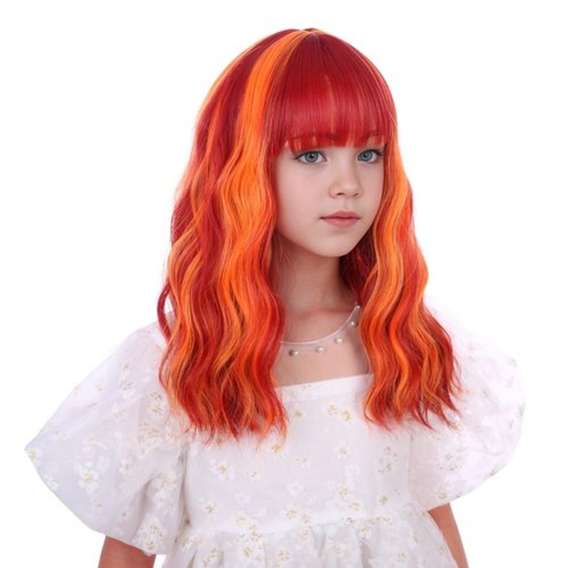 Edivd Orange Mixed Red Wig for Child Kids Short Orange Red Wig with Air Bangs Short Wavy Curly Flame Wig for Girls Heat Resistant Synthetic Wig with Wig Cap