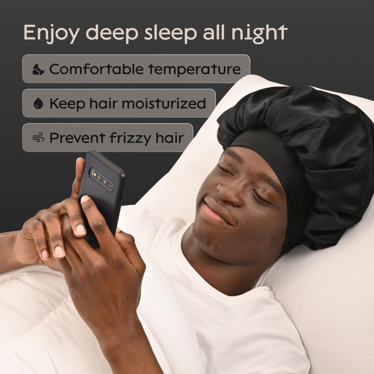 Niagara Satin Bonnet for Men - Reversible Night Cap - Bonnet for Sleeping Men - Mens Bonnet for Curly Hair - Large Bonnet with Double Layer (Black)